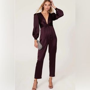 Mac Duggal Ieena Plunge Neck Purple Plum Satin Jumpsuit Size 8 EUC